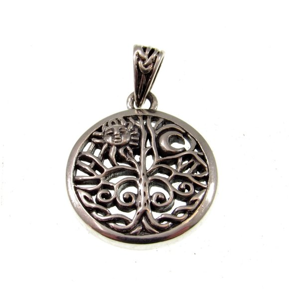 Solid 925 Sterling Silver Sun and Crescent Moon Tree of Life Charm Pendant - Picture 1 of 5